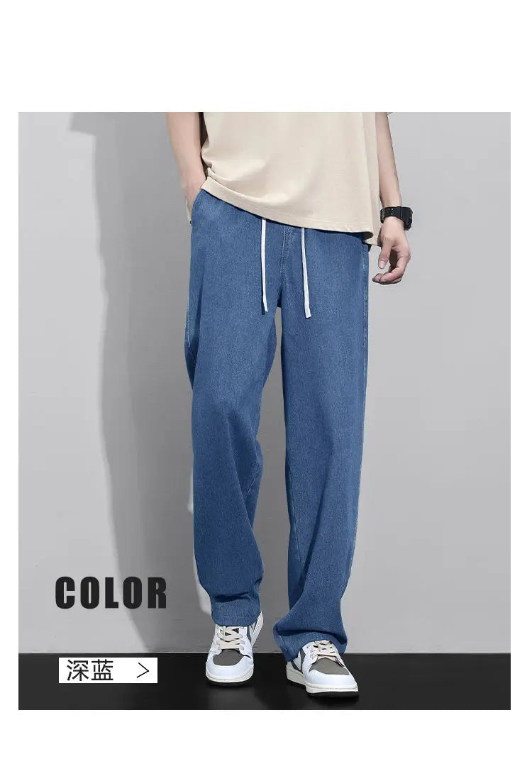 Street Fashion Trend Loose Versatile Wide Leg Jeans Men Elastic Waist Drawstring Pockets Summer Thin Casual Straight Trousers