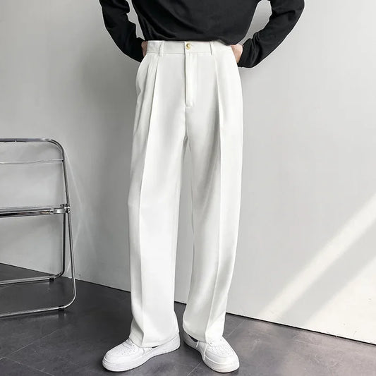 Spring Autumn Korean Style Men's Straight-Leg Suit Pants Loose-Fit Casual White Wide-Leg Trousers Drag-Ground Pants