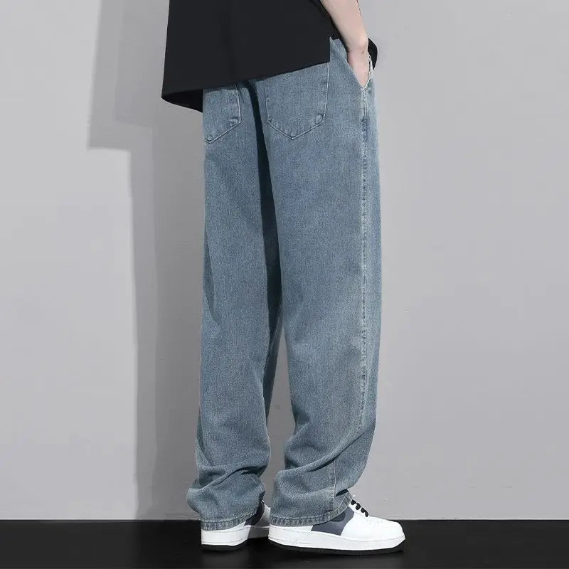 Street Fashion Trend Loose Versatile Wide Leg Jeans Men Elastic Waist Drawstring Pockets Summer Thin Casual Straight Trousers