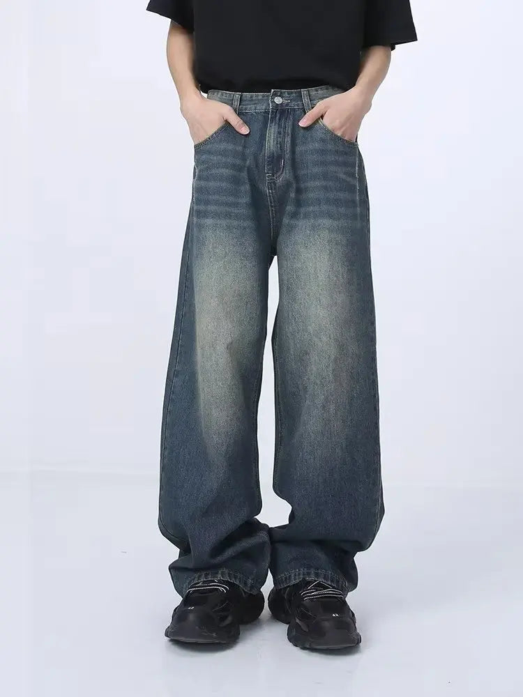 Blue Baggy Jeans Men's Streetwear Straight Fashion Wide Leg Pants Washed Distressed Loose Denim Trousers Y2K Casual Male Clothes