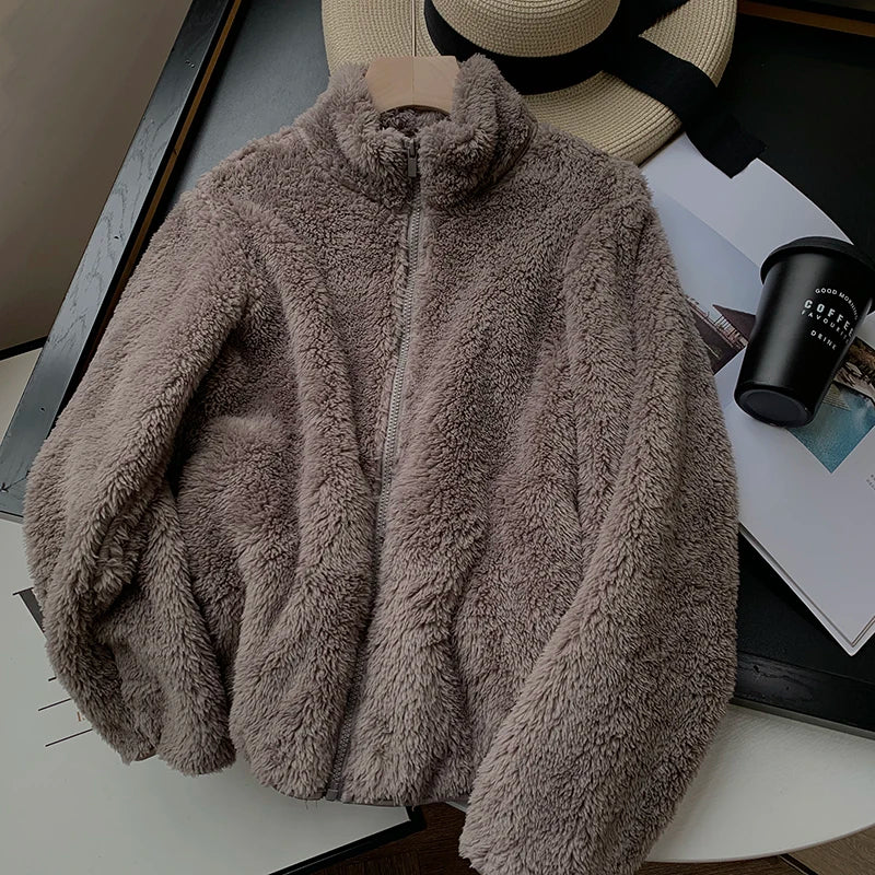 Warm Stand Up Collar Lambhair Jacket  Women's Autumn Winter Loose Long Sleeved Outwear Simple Solid Color Fleece Short Top