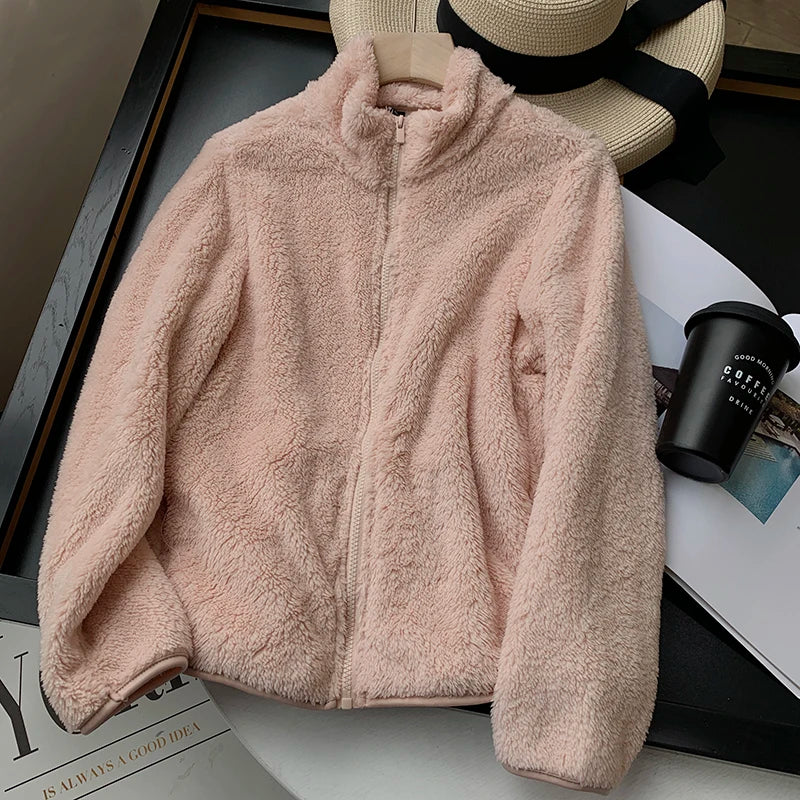 Warm Stand Up Collar Lambhair Jacket  Women's Autumn Winter Loose Long Sleeved Outwear Simple Solid Color Fleece Short Top