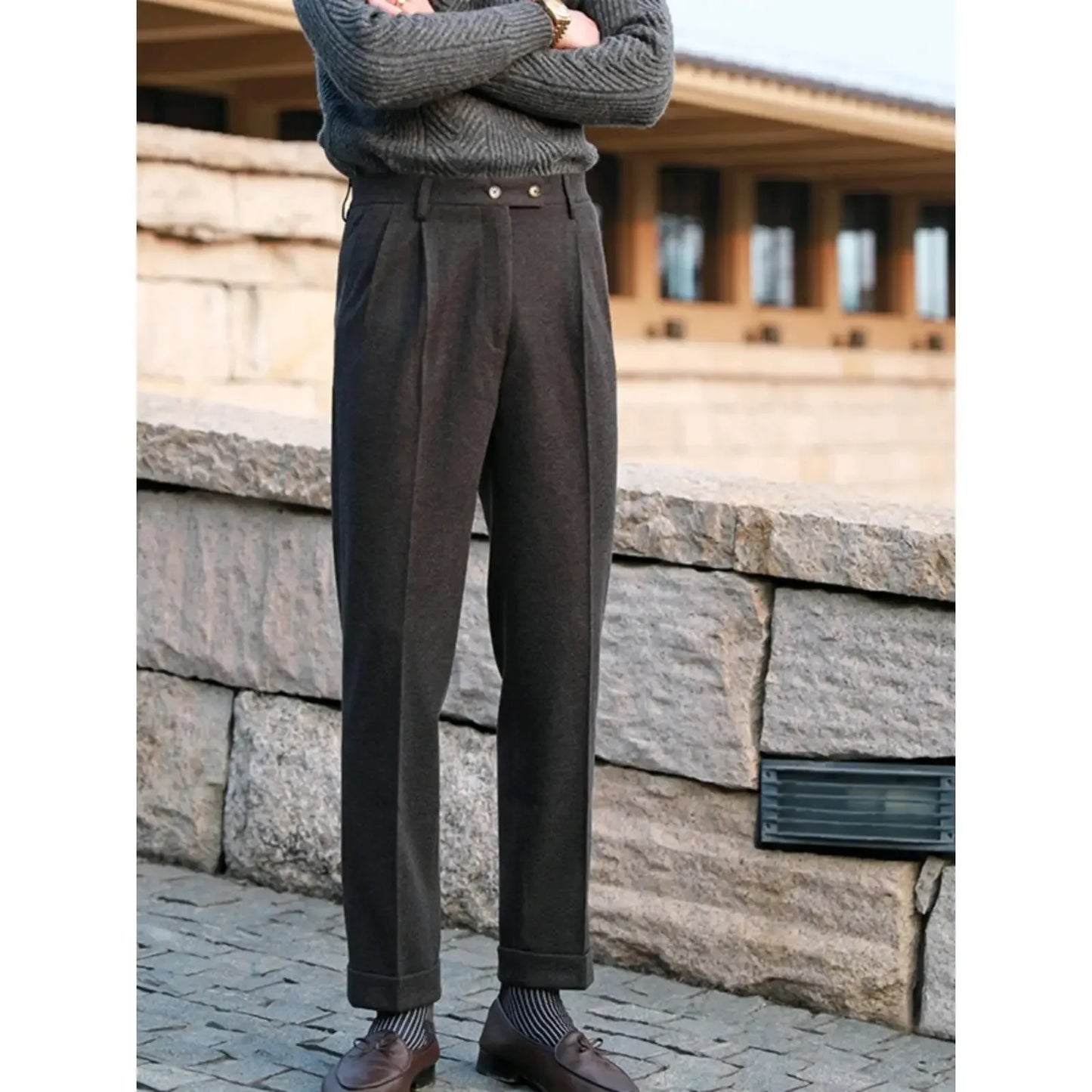 Casual High-Waisted Straight-Leg Woolen Trousers Thick Warm Versatile British Style Autumn Winter New Men's Suit Pants