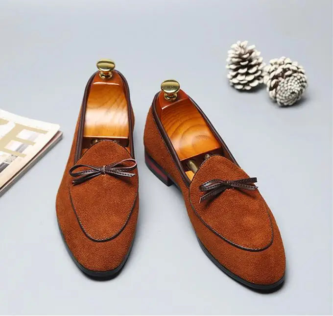 Men's Casual Shoes with Bowknot Genuine Suede Leather Trendy Party Wedding Loafers Flats Mens Driving Moccasins EUR Sizes 38-48