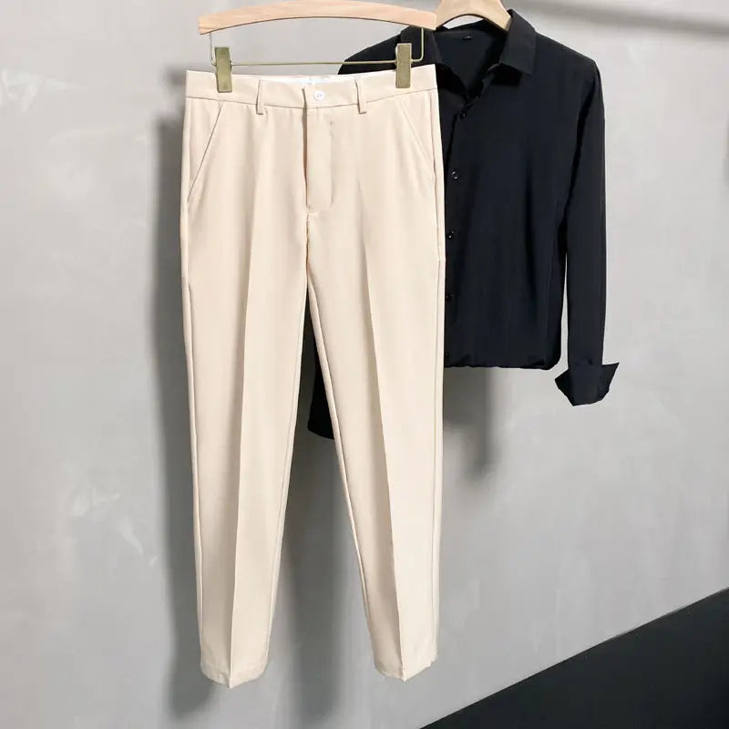 Suit Pants Men Leisure Straight Drape Korean Classic Fashion Business Casual Formal Wear Nine Point Solid Trousers Male H171