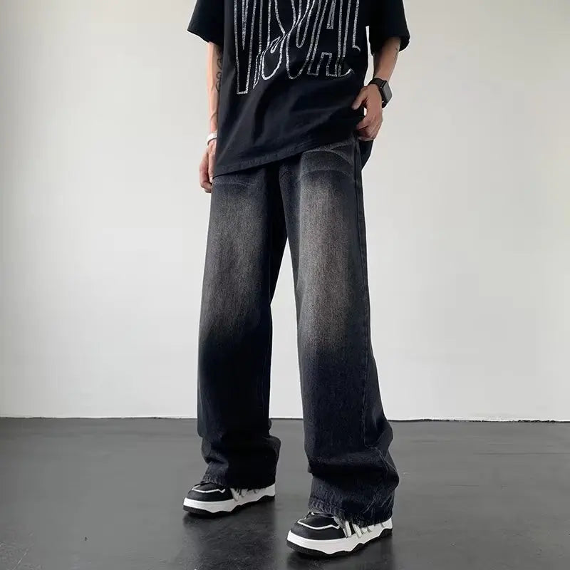 Men's American Gradual Washing Black Baggy Jeans Man Straight Denim Wide-leg Pants