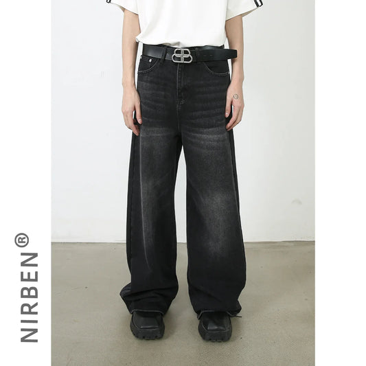 Nirben denim | 2025 y2k washed jeans men's ruffian handsome Korean version loose washed straight wide-leg floor-mopping pants