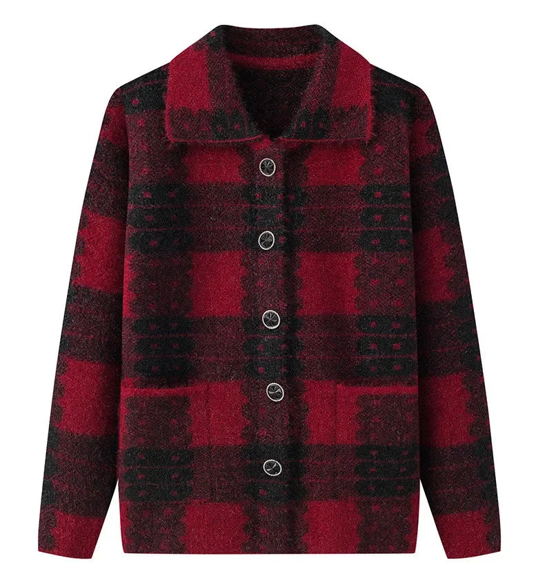 Casual Plaid Autumn Winter Clothes Middle Aged Mother Sweaters Knitwear Thicken Grandma Warm Woolen Coat Women Cardigan A372