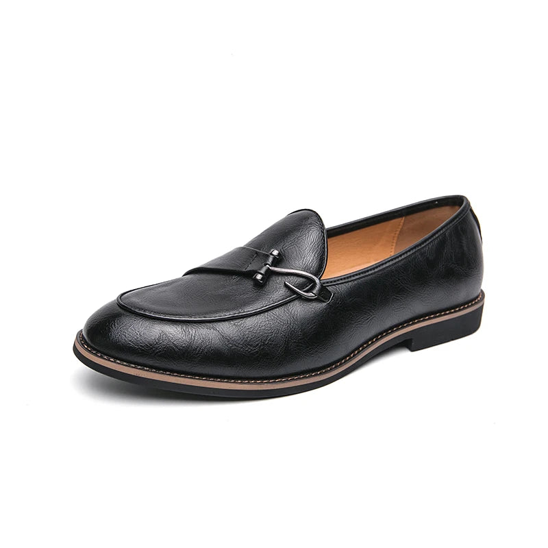 Fashion Penny Slip On Loafers Leather Men Shoes Simple Pointed Toe Dress Business Suit Casual Party Wedding Shoes Soft Comforty