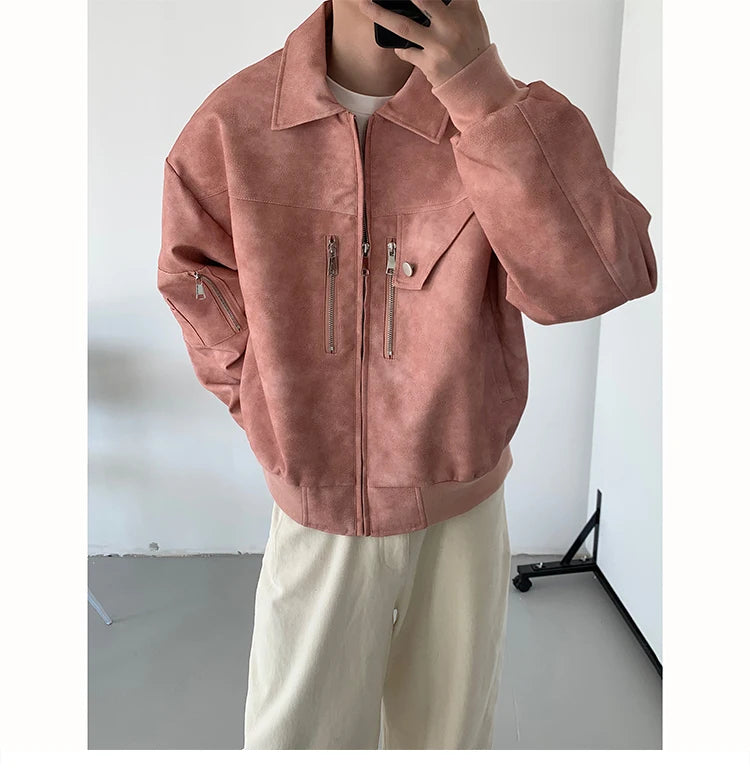 IEFB American Style Male Coats Zipper Patchwoek PU Leather Tops Turn-down Collar Casual Solid Color Men's Jackets Autumn  9C6812