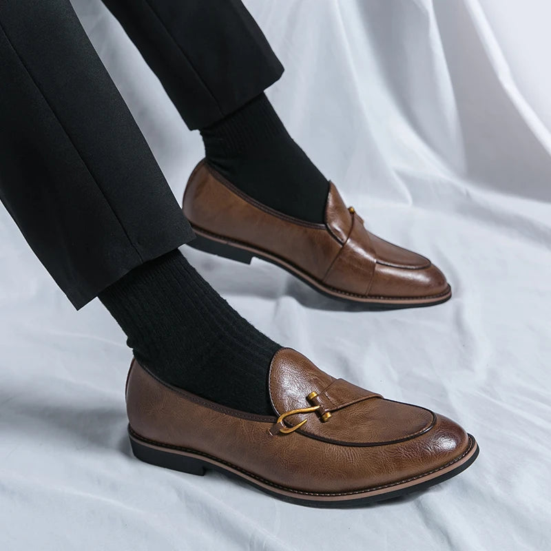 Fashion Penny Slip On Loafers Leather Men Shoes Simple Pointed Toe Dress Business Suit Casual Party Wedding Shoes Soft Comforty