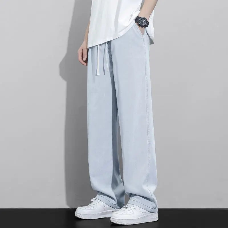 Street Fashion Trend Loose Versatile Wide Leg Jeans Men Elastic Waist Drawstring Pockets Summer Thin Casual Straight Trousers