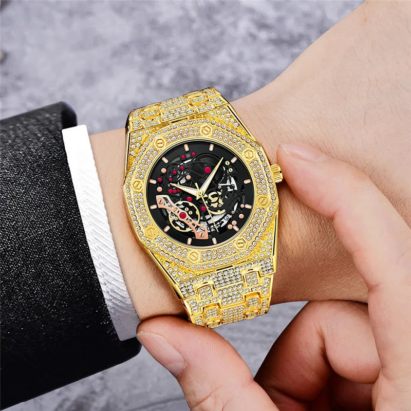 Men Luxury Brand Gold Watches Fashion Alloy Band Hip Hop Diamond Skeleton Date Quartz Watch Relogio Masculino Ouro Reloj Hombre