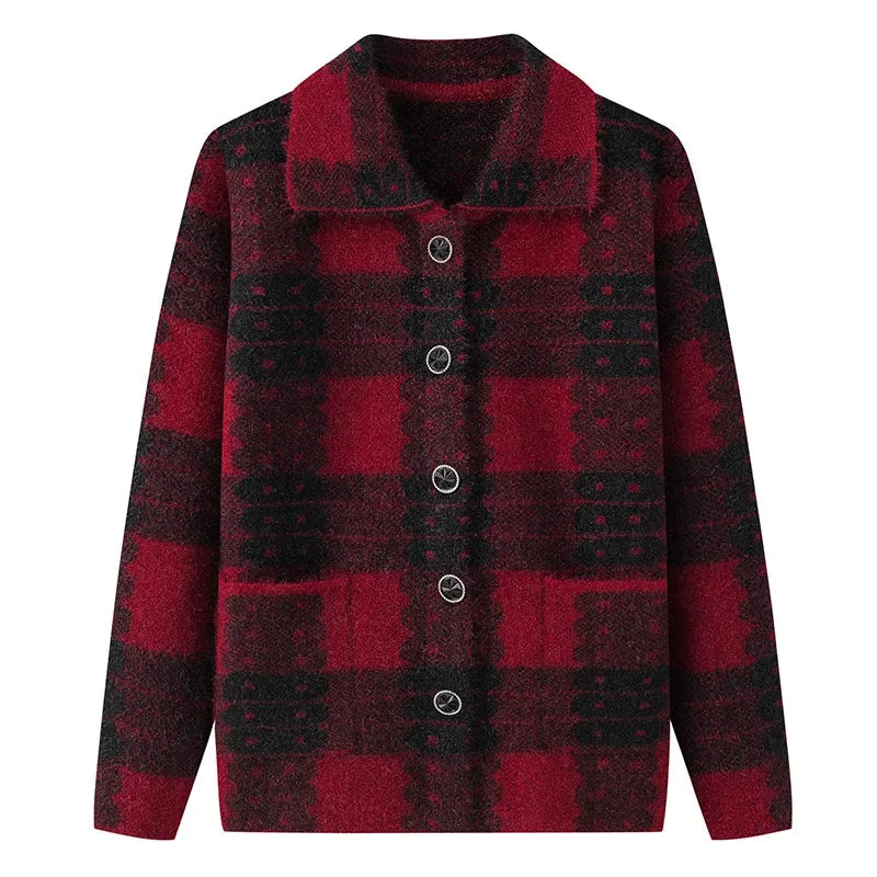 Casual Plaid Autumn Winter Clothes Middle Aged Mother Sweaters Knitwear Thicken Grandma Warm Woolen Coat Women Cardigan A372