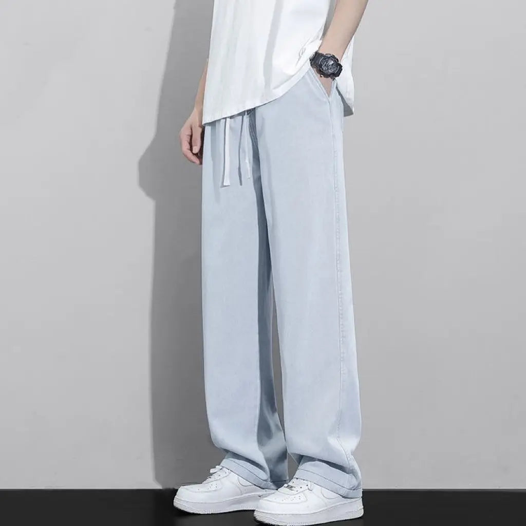 Street Fashion Trend Loose Versatile Wide Leg Jeans Men Elastic Waist Drawstring Pockets Summer Thin Casual Straight Trousers