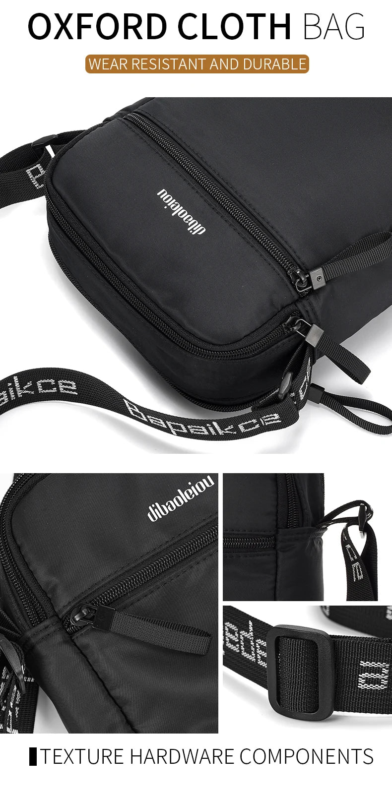 Messenger Sling Bag Men's Fashionable Waterproof Oxford Cloth Zipper Pocket Mobile Phone Bag Travel Men's Crossbody Bag