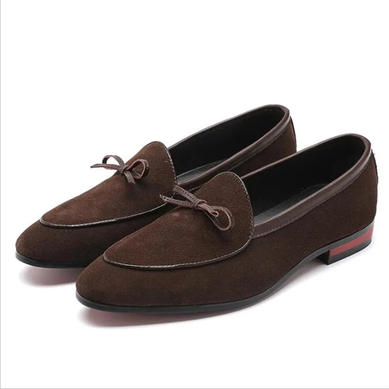 Men's Casual Shoes with Bowknot Genuine Suede Leather Trendy Party Wedding Loafers Flats Mens Driving Moccasins EUR Sizes 38-48