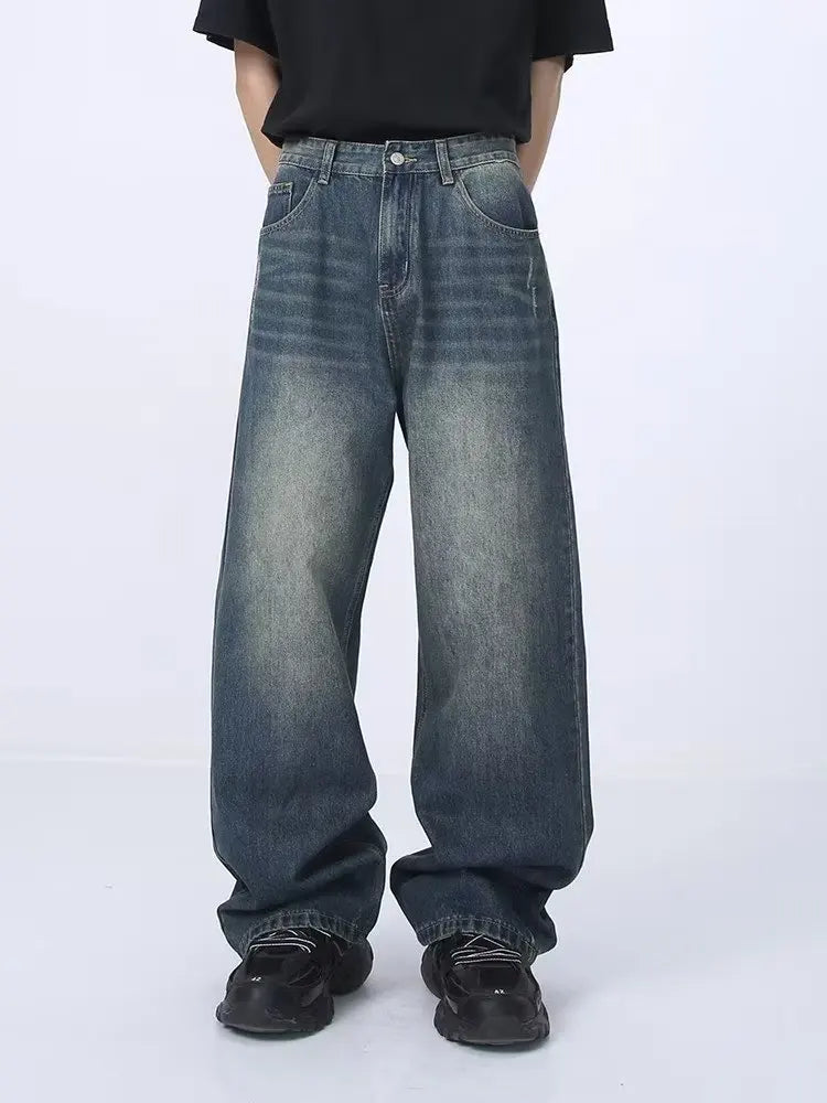 Blue Baggy Jeans Men's Streetwear Straight Fashion Wide Leg Pants Washed Distressed Loose Denim Trousers Y2K Casual Male Clothes