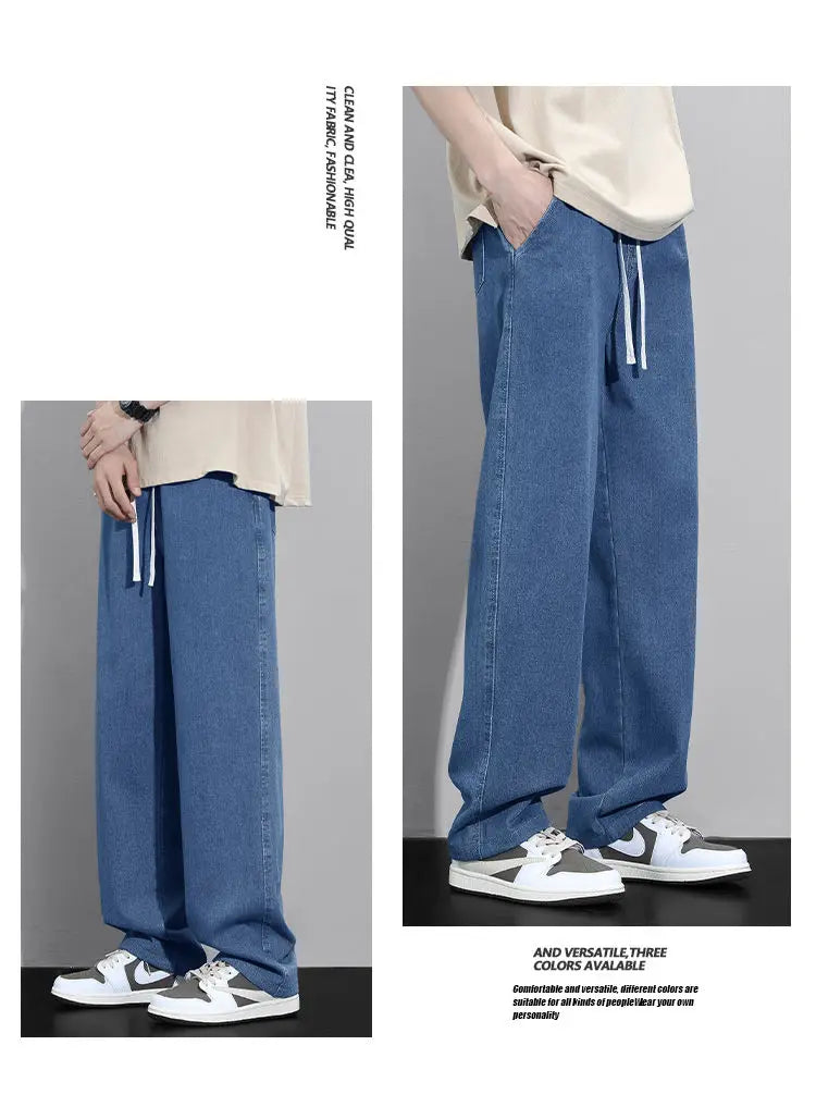 Street Fashion Trend Loose Versatile Wide Leg Jeans Men Elastic Waist Drawstring Pockets Summer Thin Casual Straight Trousers