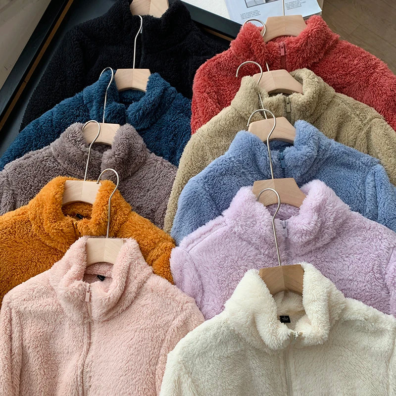 Warm Stand Up Collar Lambhair Jacket  Women's Autumn Winter Loose Long Sleeved Outwear Simple Solid Color Fleece Short Top