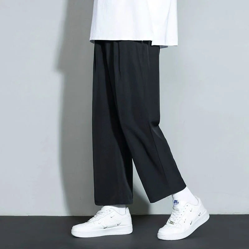 Street Fashion Trend Loose Versatile Wide Leg Jeans Men Elastic Waist Drawstring Pockets Summer Thin Casual Straight Trousers