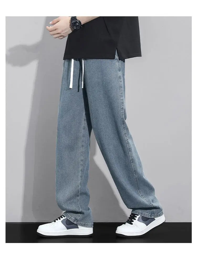 Street Fashion Trend Loose Versatile Wide Leg Jeans Men Elastic Waist Drawstring Pockets Summer Thin Casual Straight Trousers