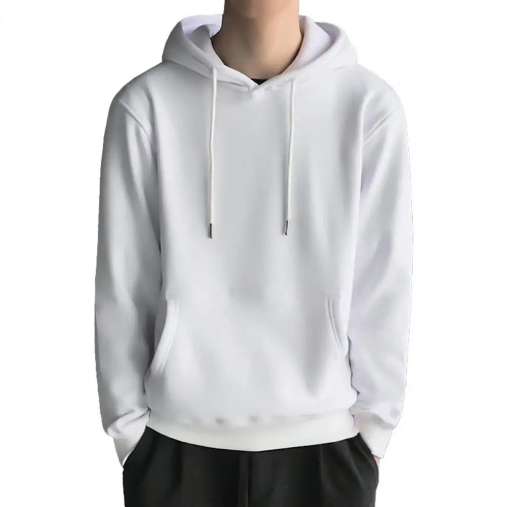 Front Pocket Drawstring Long Sleeve Pullover Hoodie Men Autumn Winter Solid Color Fleece Lining Hooded Sweatshirt Men Streetwear