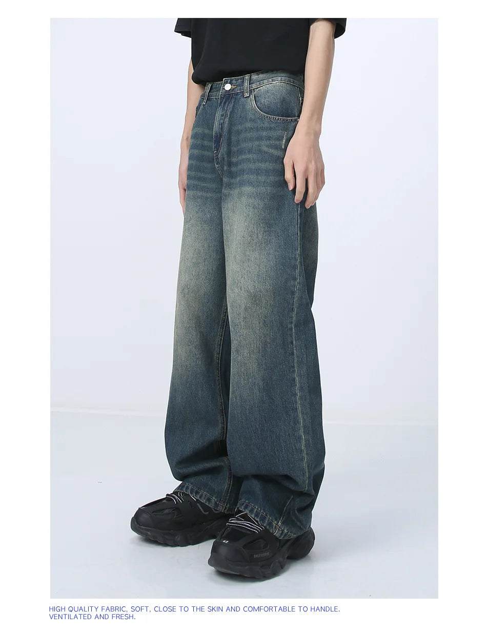 Blue Baggy Jeans Men's Streetwear Straight Fashion Wide Leg Pants Washed Distressed Loose Denim Trousers Y2K Casual Male Clothes