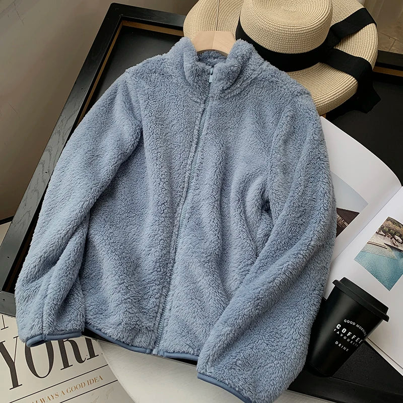 Warm Stand Up Collar Lambhair Jacket  Women's Autumn Winter Loose Long Sleeved Outwear Simple Solid Color Fleece Short Top