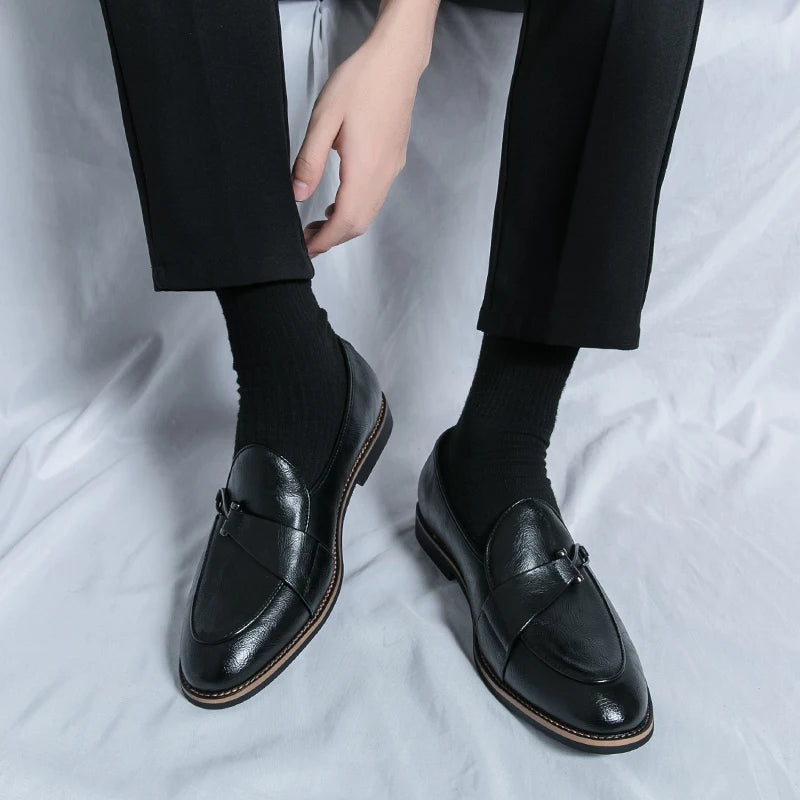 Fashion Penny Slip On Loafers Leather Men Shoes Simple Pointed Toe Dress Business Suit Casual Party Wedding Shoes Soft Comforty