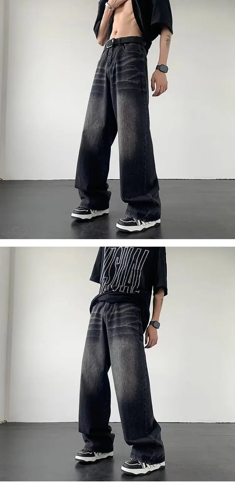 Men's American Gradual Washing Black Baggy Jeans Man Straight Denim Wide-leg Pants