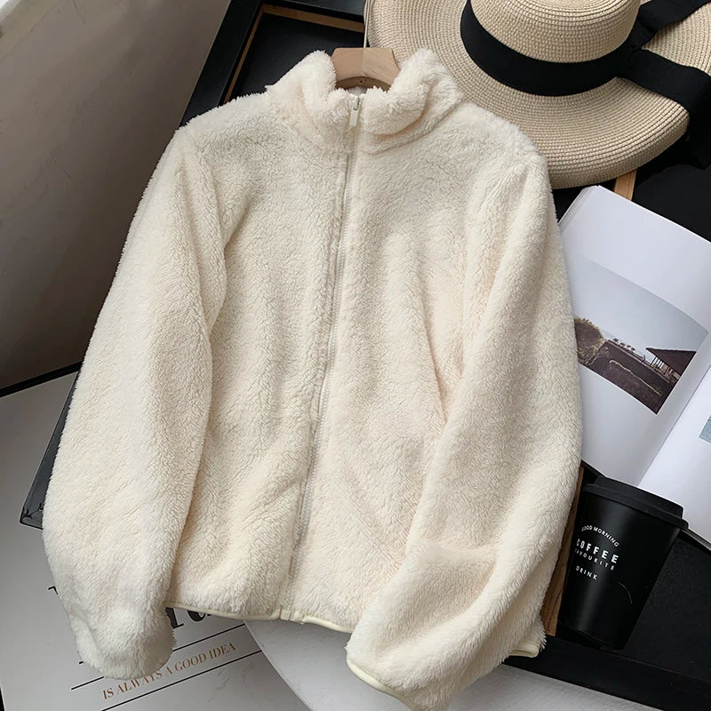 Warm Stand Up Collar Lambhair Jacket  Women's Autumn Winter Loose Long Sleeved Outwear Simple Solid Color Fleece Short Top