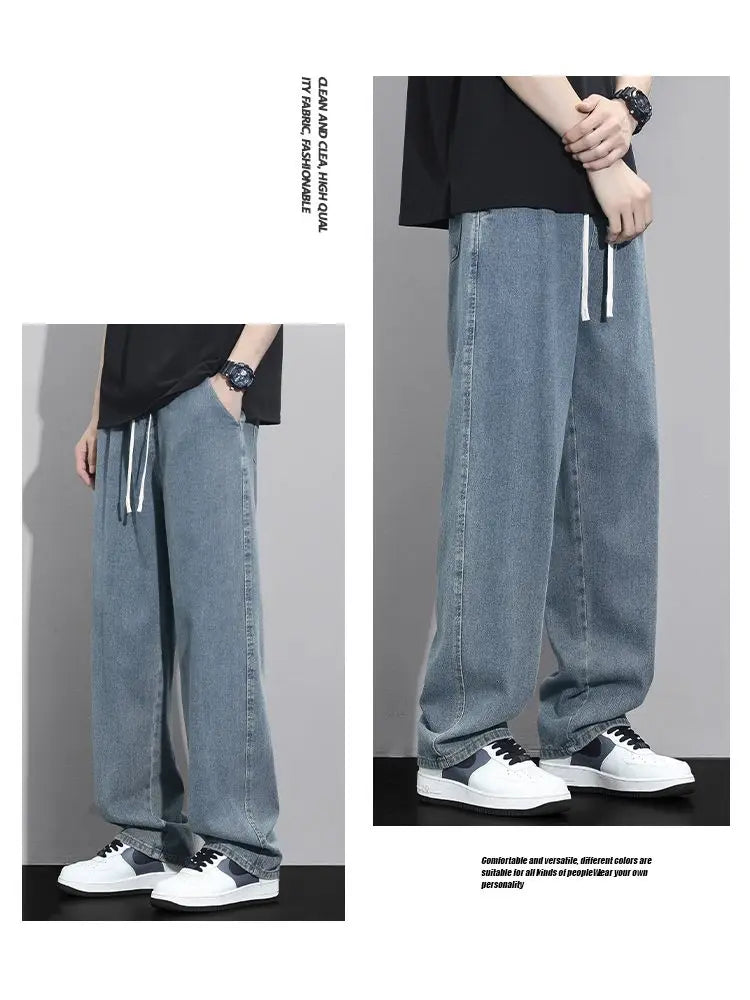 Street Fashion Trend Loose Versatile Wide Leg Jeans Men Elastic Waist Drawstring Pockets Summer Thin Casual Straight Trousers