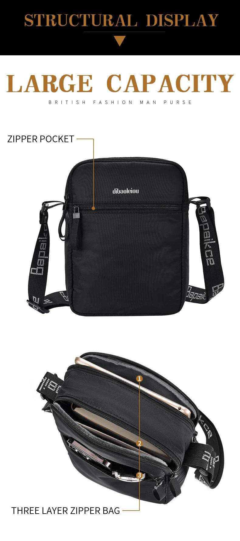 Messenger Sling Bag Men's Fashionable Waterproof Oxford Cloth Zipper Pocket Mobile Phone Bag Travel Men's Crossbody Bag