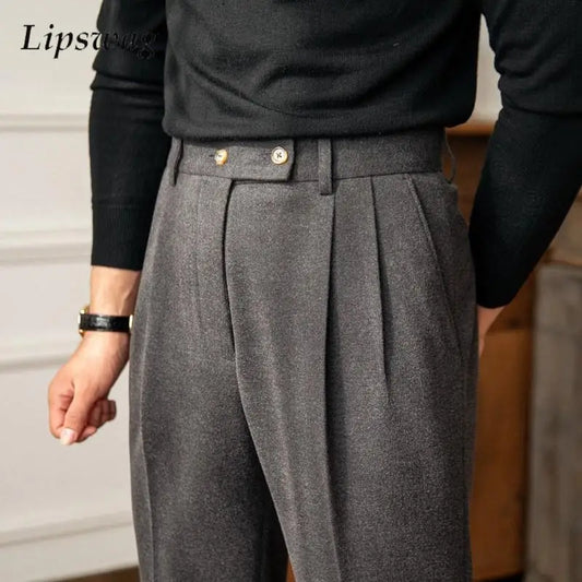 2024 Fall Winter Warm Mens Woolen Trousers Casual Solid Color Slim Straight Suit Pants For Men Vintage Belt-up Design Trousers