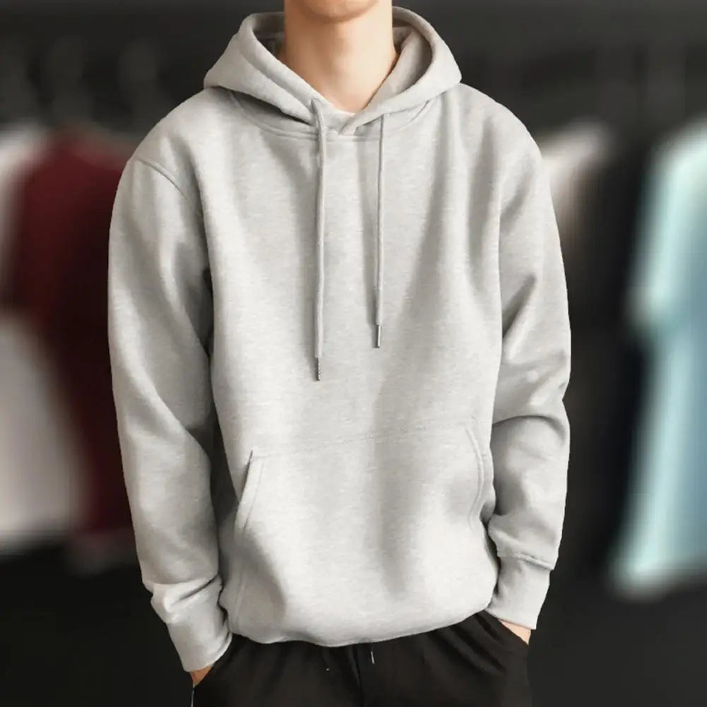 Front Pocket Drawstring Long Sleeve Pullover Hoodie Men Autumn Winter Solid Color Fleece Lining Hooded Sweatshirt Men Streetwear