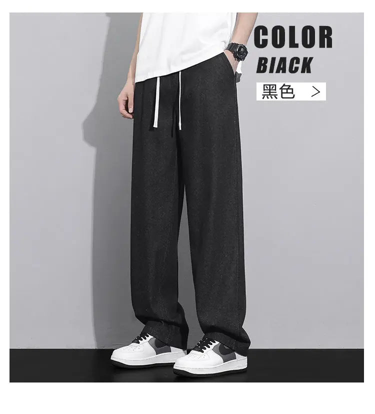 Street Fashion Trend Loose Versatile Wide Leg Jeans Men Elastic Waist Drawstring Pockets Summer Thin Casual Straight Trousers