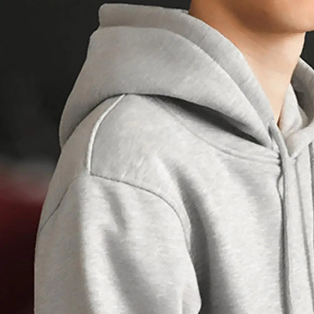 Front Pocket Drawstring Long Sleeve Pullover Hoodie Men Autumn Winter Solid Color Fleece Lining Hooded Sweatshirt Men Streetwear