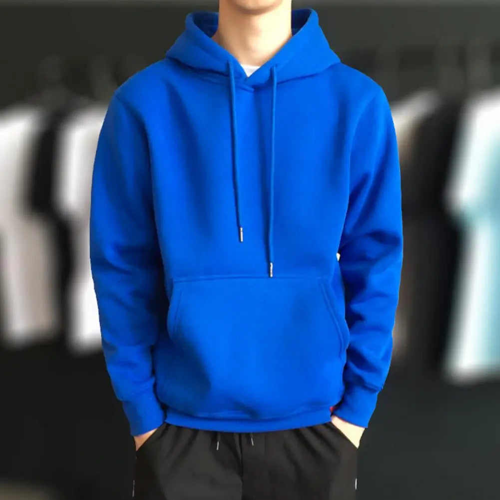 Front Pocket Drawstring Long Sleeve Pullover Hoodie Men Autumn Winter Solid Color Fleece Lining Hooded Sweatshirt Men Streetwear