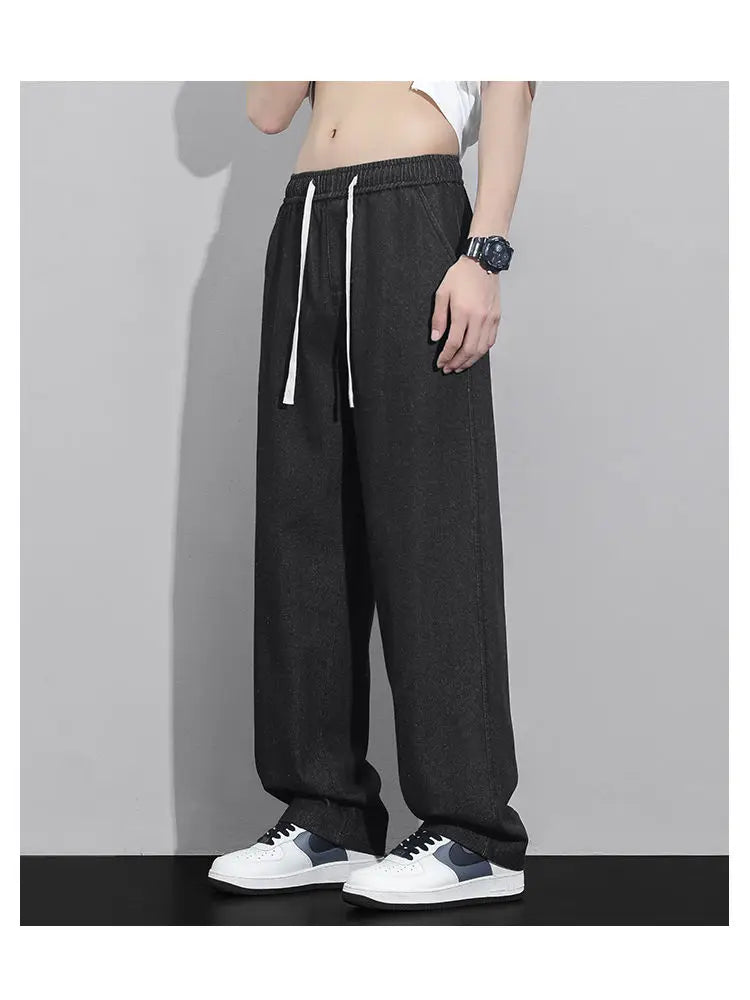 Street Fashion Trend Loose Versatile Wide Leg Jeans Men Elastic Waist Drawstring Pockets Summer Thin Casual Straight Trousers