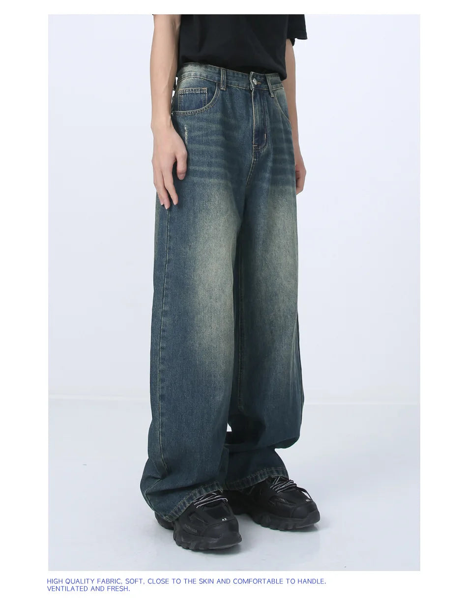 Blue Baggy Jeans Men's Streetwear Straight Fashion Wide Leg Pants Washed Distressed Loose Denim Trousers Y2K Casual Male Clothes