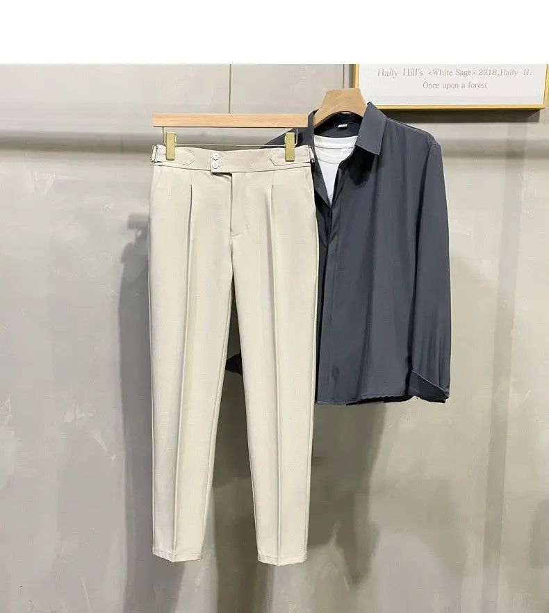 Pants Men Pleated Suit Pants Korean Fashion Ankle Length Streetwear Casual Pants Men Business Wear Trousers 2023 New Brand E84