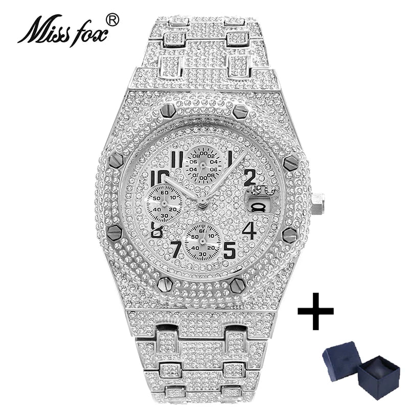 Fashion Brand MISSFOX Luxury Watches Men Automatic Date Waterproof Quartz Clock Hip Hop Iced Diamond Jewelry Wrist Watch Man 2024