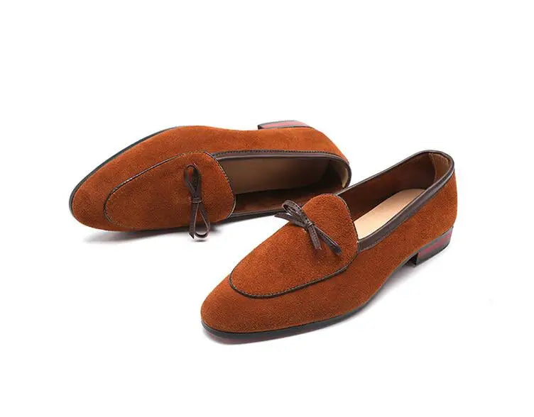 Men's Casual Shoes with Bowknot Genuine Suede Leather Trendy Party Wedding Loafers Flats Mens Driving Moccasins EUR Sizes 38-48