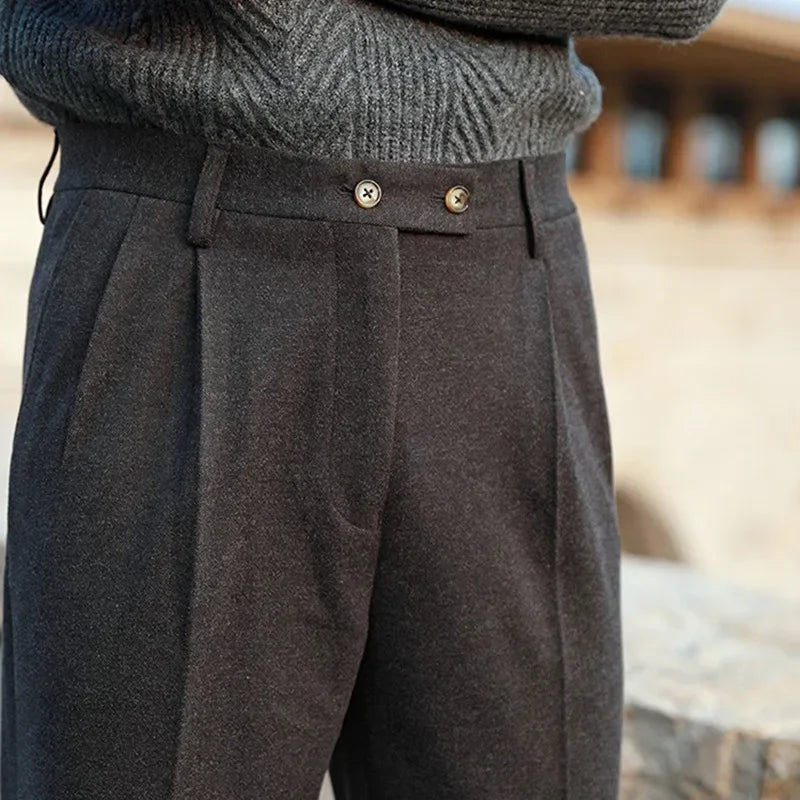 Casual High-Waisted Straight-Leg Woolen Trousers Thick Warm Versatile British Style Autumn Winter New Men's Suit Pants