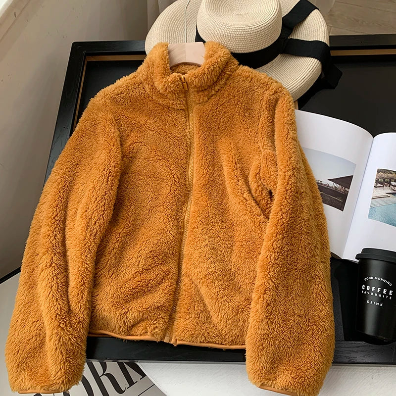 Warm Stand Up Collar Lambhair Jacket  Women's Autumn Winter Loose Long Sleeved Outwear Simple Solid Color Fleece Short Top