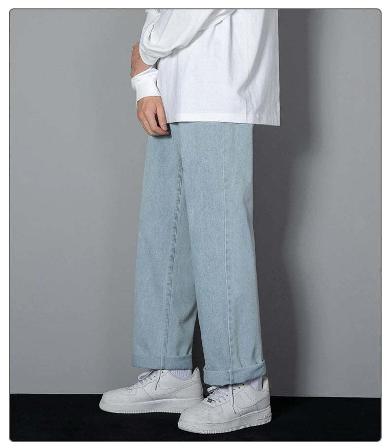 2025 New Korean Men's Casual Long Jeans Classic Man Straight Denim Wide-leg Pants Solid Color Light Blue Grey Black 3XL