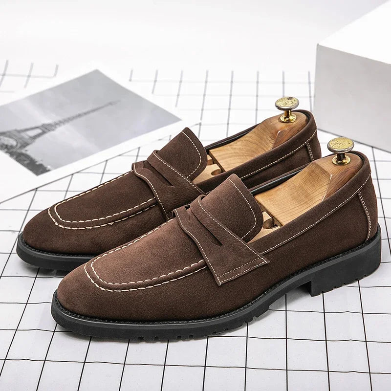 Fashion Loafers Men Shoes Classic Versatile Business Casual Everyday Square Toe Stitches Faux Suede Solid Color Dress Shoes