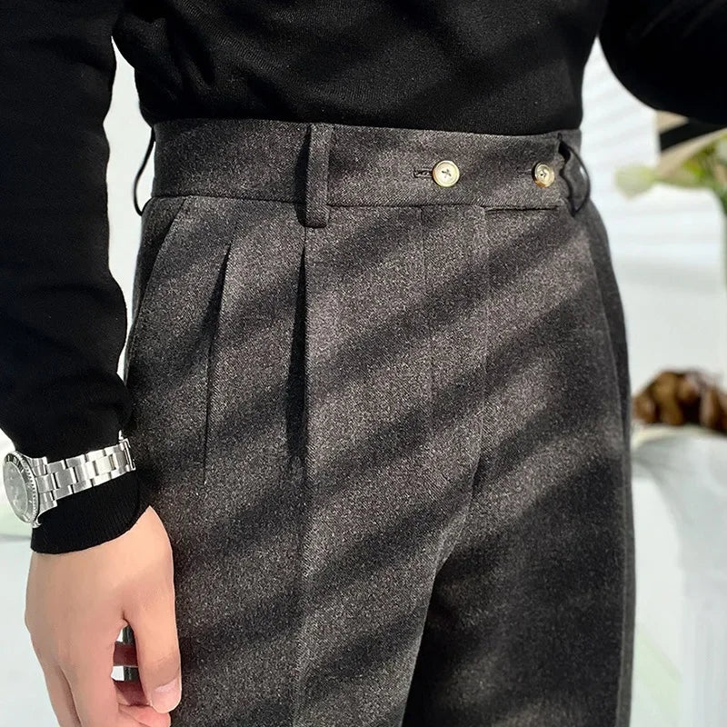 Autumn/Winter Thickened Woolen Trousers For Men Slimming Straight-Leg Draped Casual Pants High-Waisted Business Gentleman Trouse