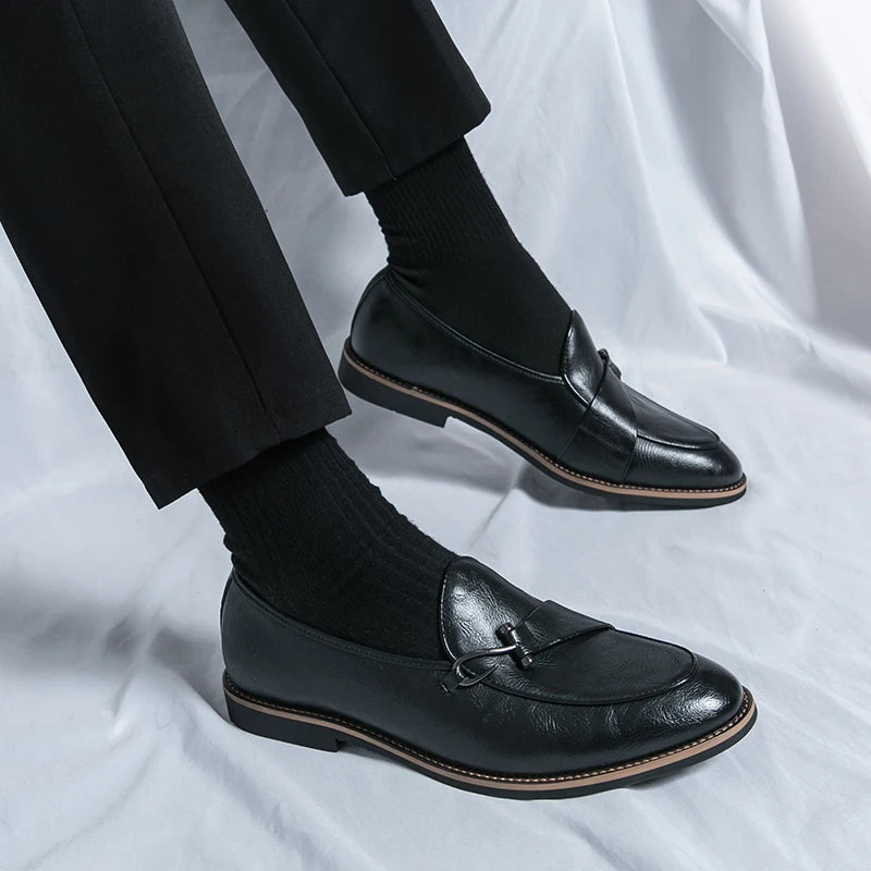 Fashion Penny Slip On Loafers Leather Men Shoes Simple Pointed Toe Dress Business Suit Casual Party Wedding Shoes Soft Comforty